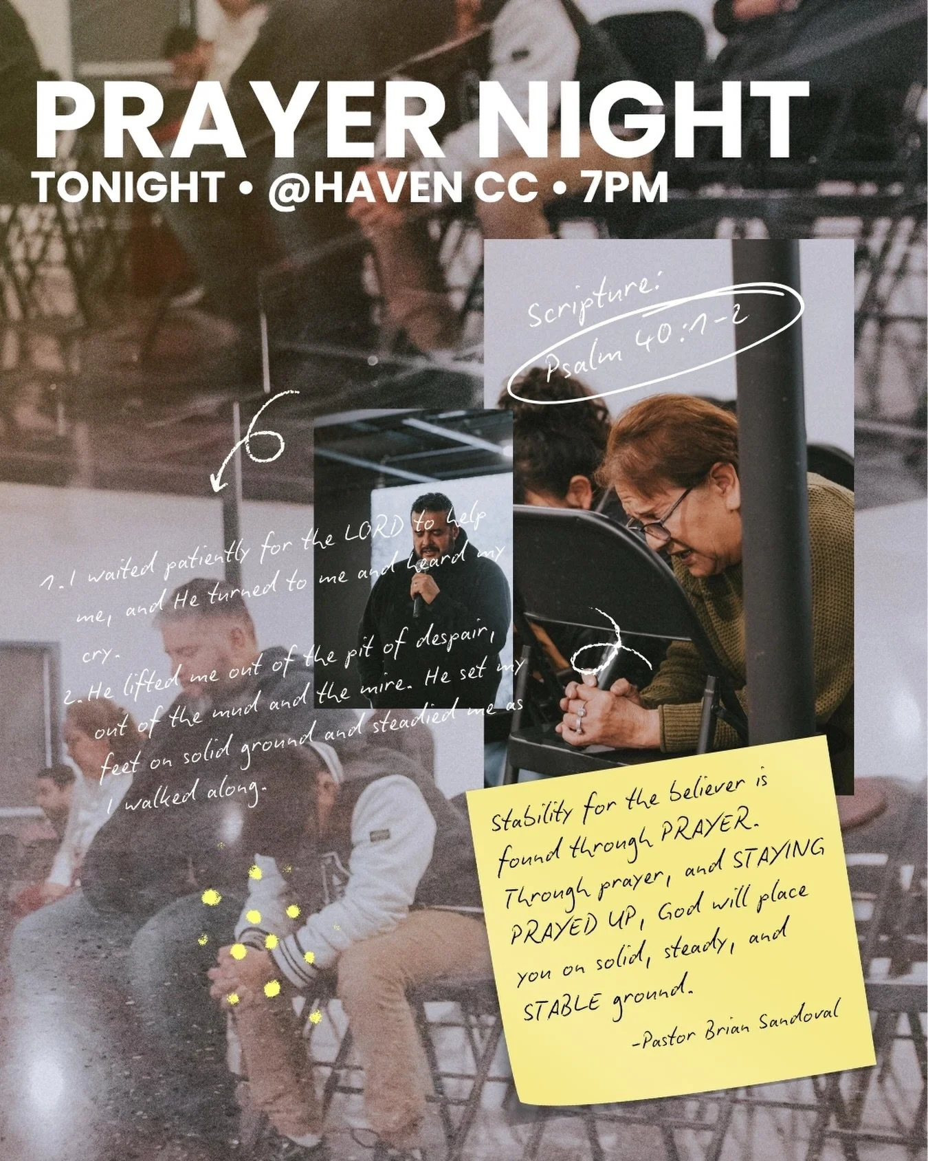 HAVEN PRAYER NIGHT

We hope to see you tonight here at HCC for prayer night 🙏🏻 Join us as we lift up the name of Jesus through prayer with gratitude for ALL that He&rsquo;s done, is doing, and is going to do! Invite somebody!

Tonight || 7PM
Haven 