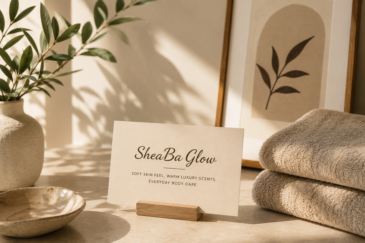 A beige sign on a small wooden stand reads "SheaBa Glow," with a description of body care products. The sign is placed on a light-colored surface next to neatly folded towels, a pottery dish, a framed botanical print, and a ceramic vase with green leaves. Soft shadows and warm lighting create a cozy, spa-like atmosphere.