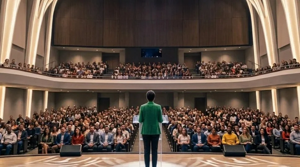 A speaker in a green jacket addresses a large audience in a theater with multiple tiers of seating.