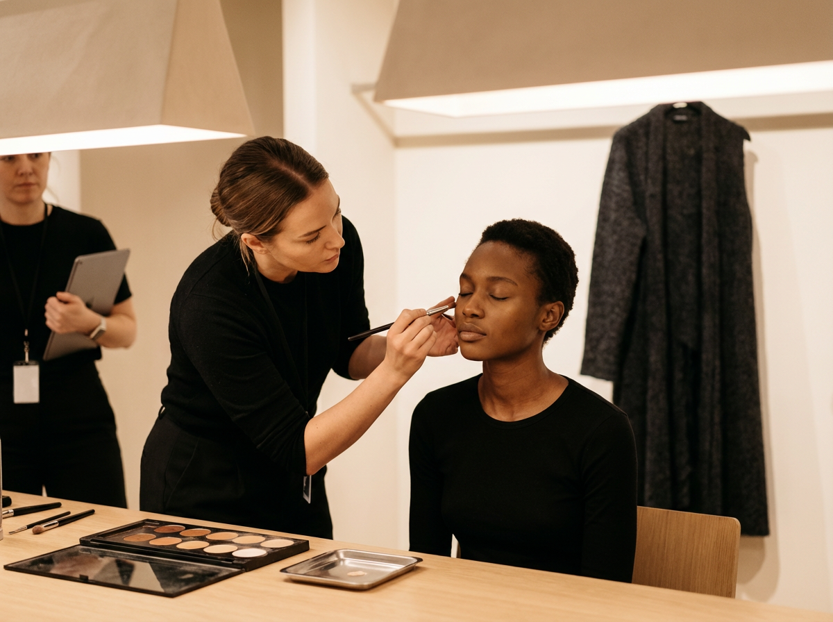 Makeup artist applying makeup to a woman with short hair, sitting with eyes closed, in a room with beige walls and a clothing rack with a dark coat.