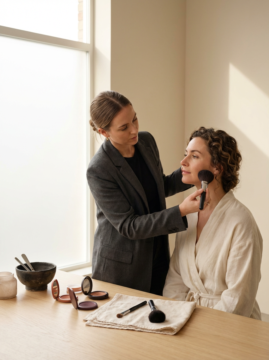A makeup artist applying blush to a woman's face with a brush, sitting at a table with makeup products and tools.