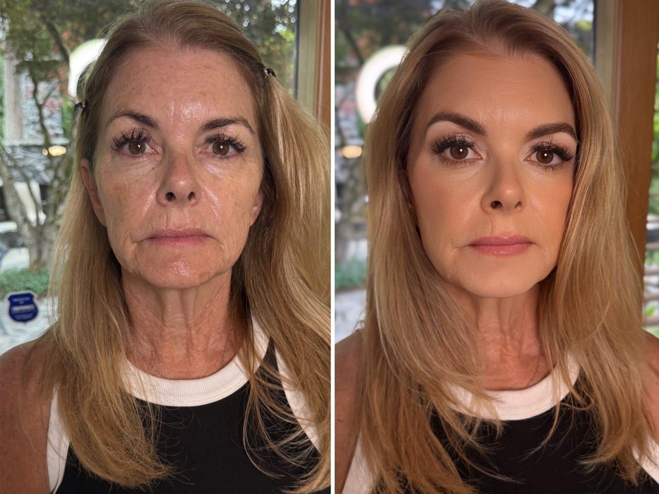Side-by-side comparison of a woman before and after makeup application, showing significant transformation in skin tone, texture, and overall appearance.