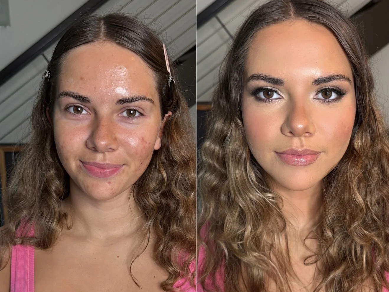 Side-by-side comparison of a woman with and without makeup, showing clear skin and long wavy hair.