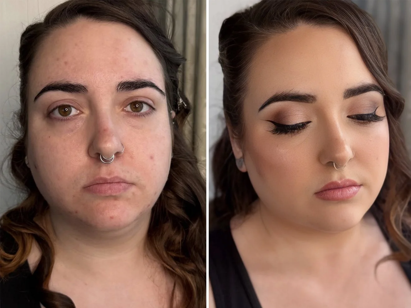 Side-by-side comparison of a woman's face before and after makeup application, showing clear skin and natural look on the left, and glamorous makeup with eye liner, eyeshadow, and lipstick on the right.