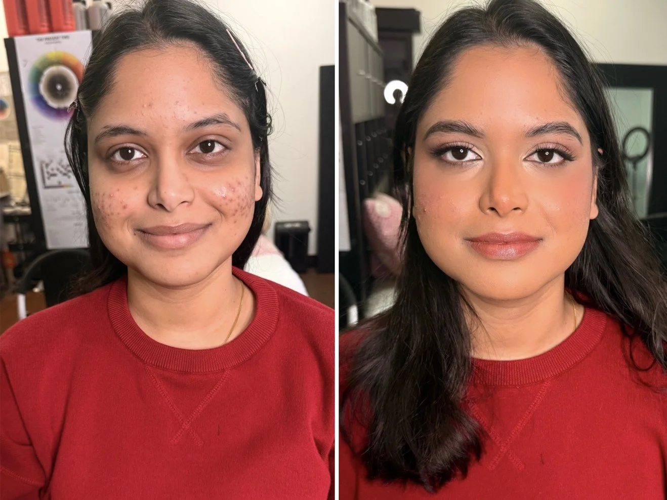 Comparison of a woman before and after makeup, showing clear skin and natural look in the first image, and wearing makeup with styled hair in the second image.