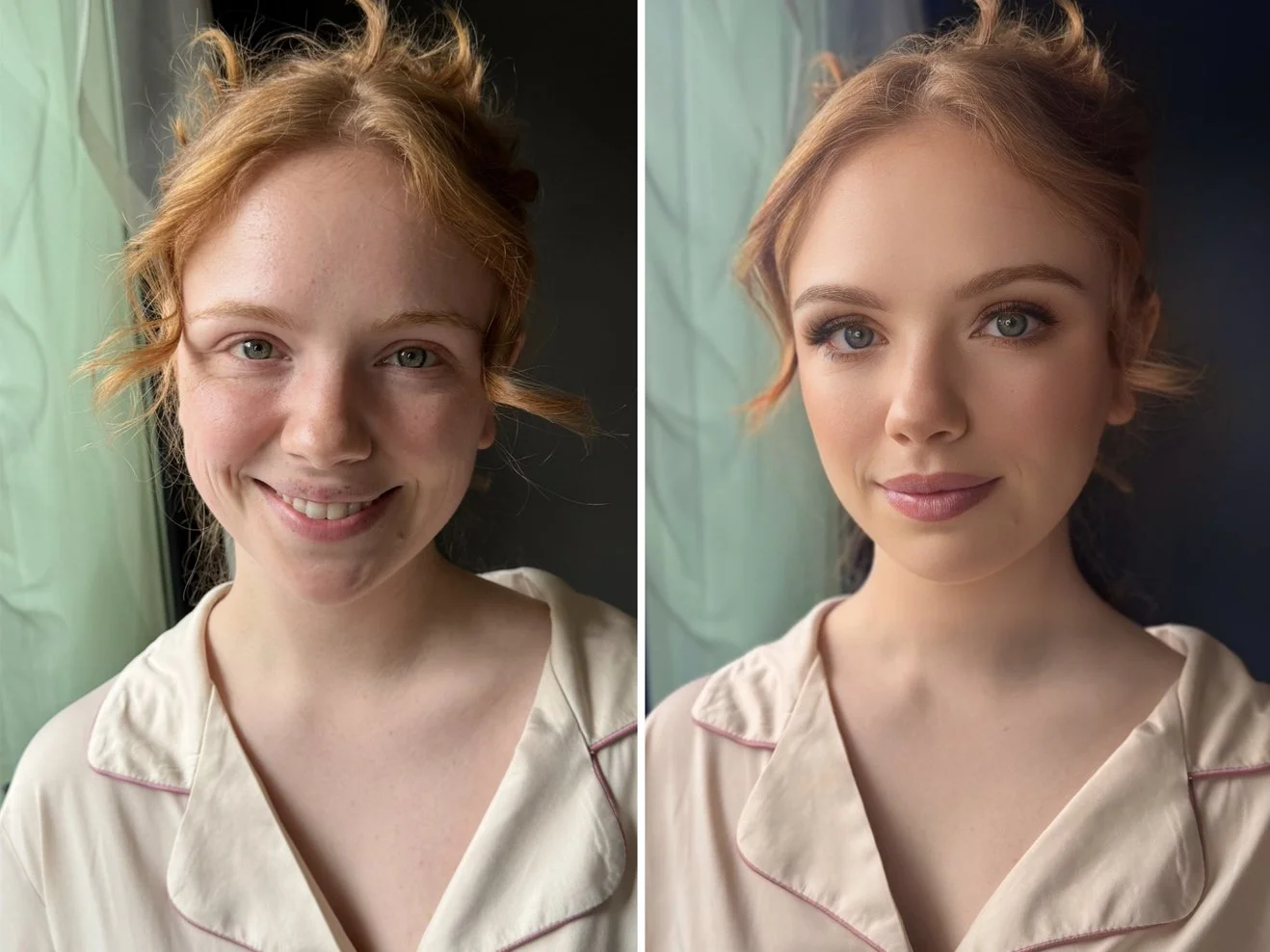 Side-by-side comparison of a young woman with red hair, wearing a light-colored shirt, before and after makeup application, with a green backdrop on the left and a dark backdrop on the right.