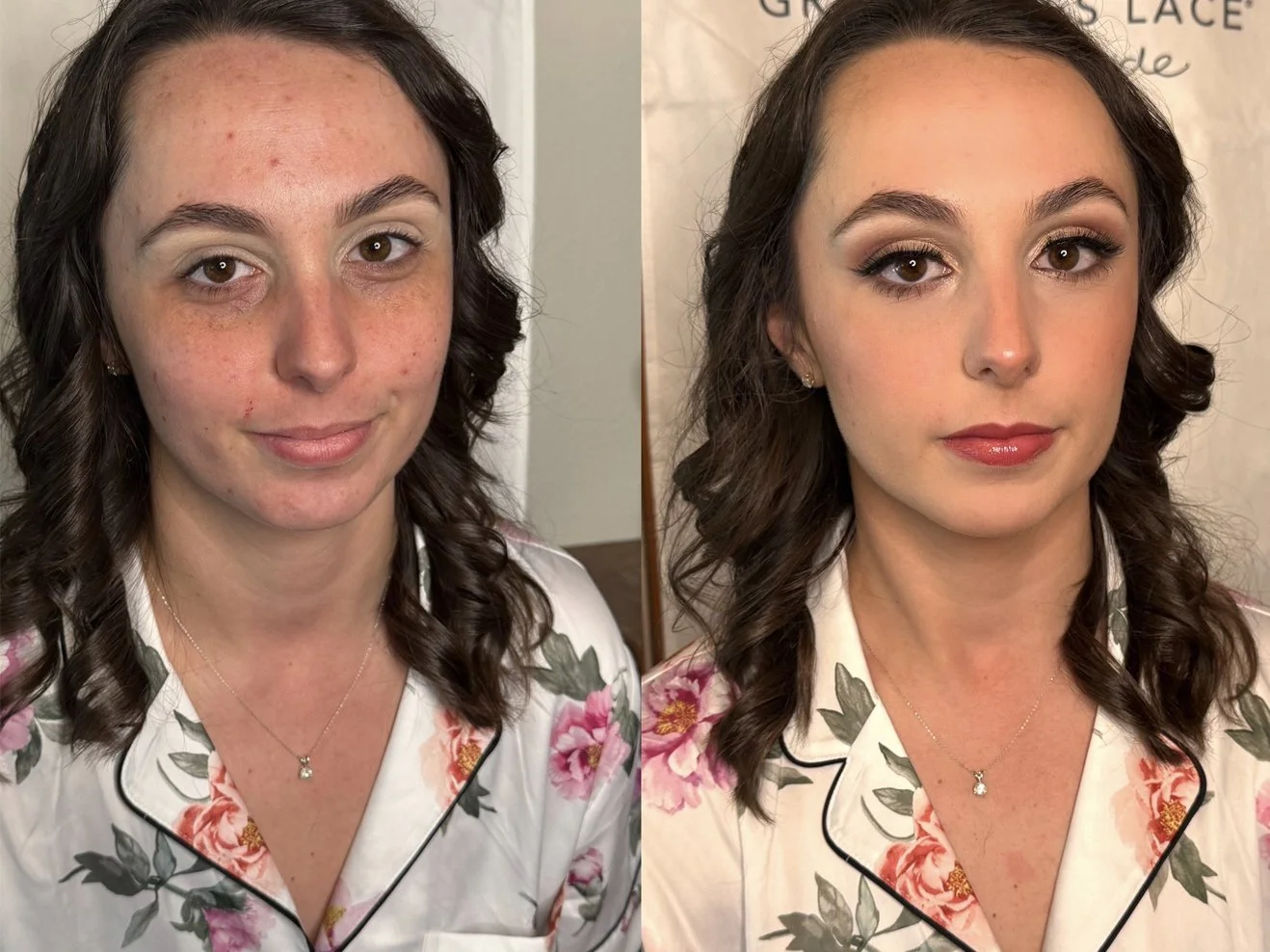 Side-by-side comparison of a woman before and after makeup application. In the 'before' image, she has clear skin with visible acne and redness, and in the 'after' image, she has eye makeup, foundation, lipstick, and styled hair.