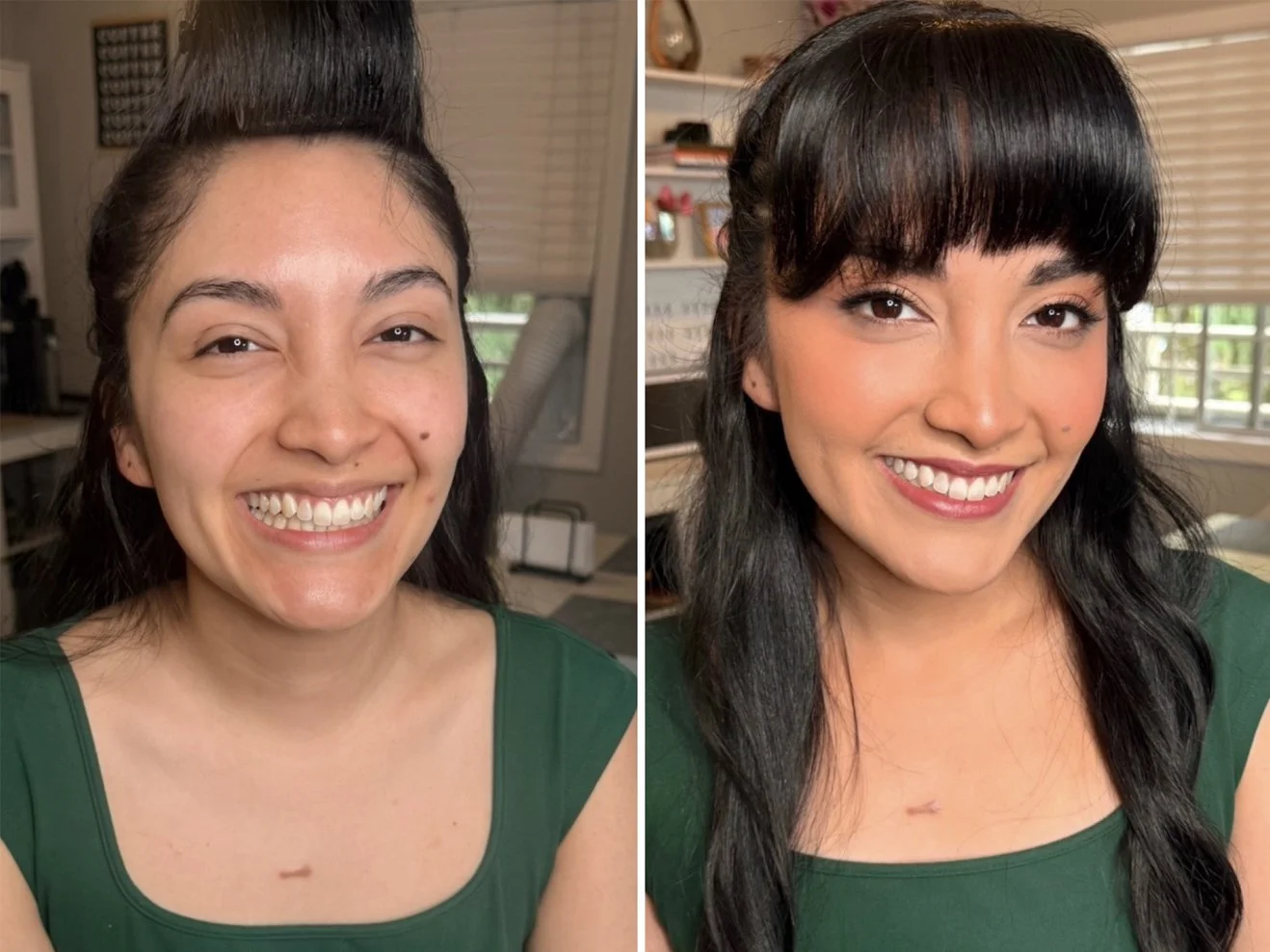 Side-by-side comparison of a woman with minimal makeup on the left and with makeup on the right, smiling in a green top.