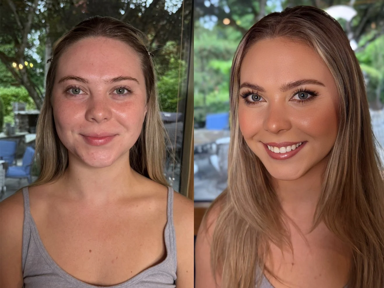 Comparison of a young woman before and after makeup application, showing a natural look on the left and a glamorous look with makeup, styled hair, and a smile on the right.