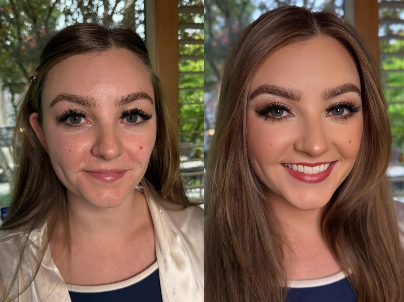 Side-by-side comparison of a woman before and after makeup application. In the left photo, her face is without makeup, showing natural skin with freckles, sparse eyebrows, and minimal eye makeup. In the right photo, she is wearing full makeup, includ