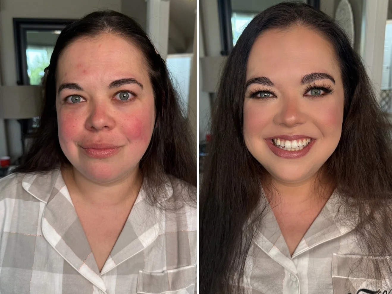 Side-by-side comparison of a woman before and after makeup application, showing improved skin tone, eye makeup, and a smile.