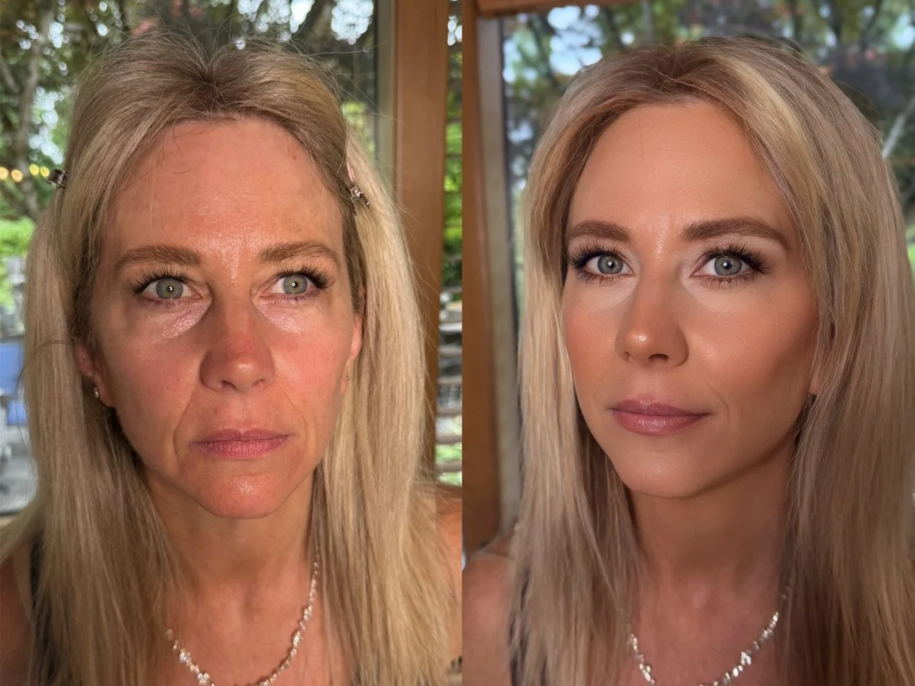 Comparison of a woman's face before and after makeup and skincare. The left image shows her with visible skin imperfections and redness, while the right image shows her with smooth, clear skin, makeup, and styled hair.