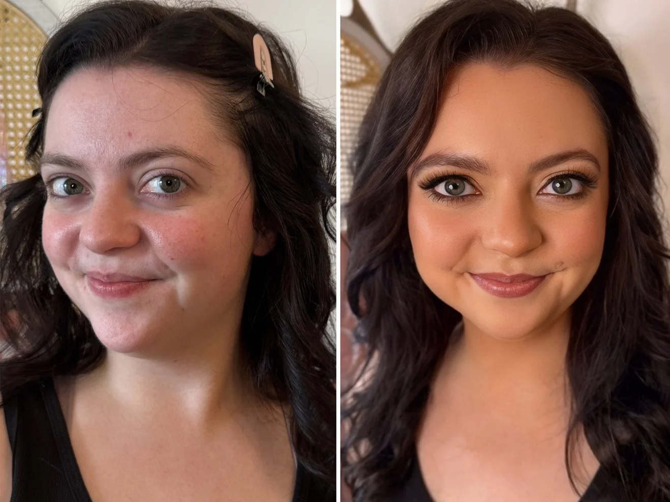 Side-by-side of a woman before and after makeup application. On the left, she has a natural look with minimal skincare, while on the right, she has a full face of makeup, including foundation, eye makeup, and lipstick.