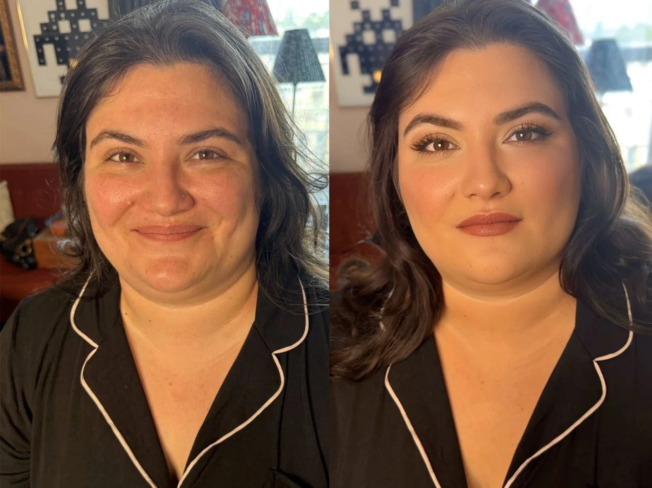Side-by-side comparison of a woman before and after makeup and hairstyling, with the woman smiling in the before image and with a more polished look in the after image.