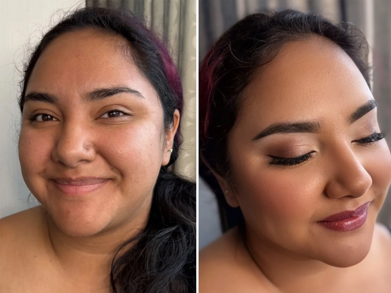 Side-by-side comparison of a woman before and after applying makeup, showing natural skin and with makeup on, including lipstick, eye makeup, and eyebrows.