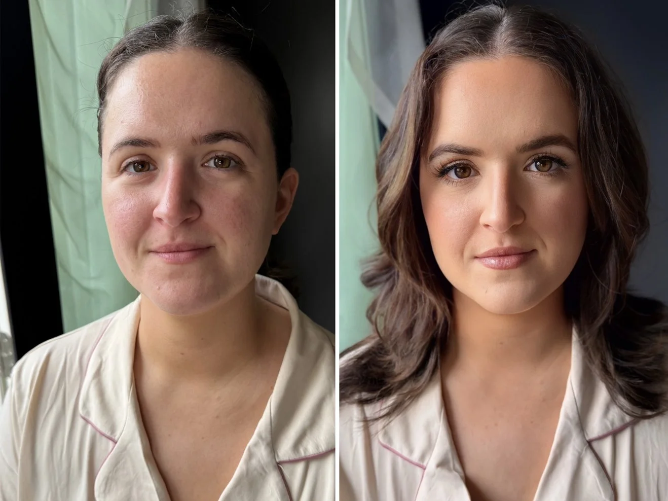 Comparison of a woman before and after makeup and hairstyling, showing improved skin, styled hair, and makeup on the right.