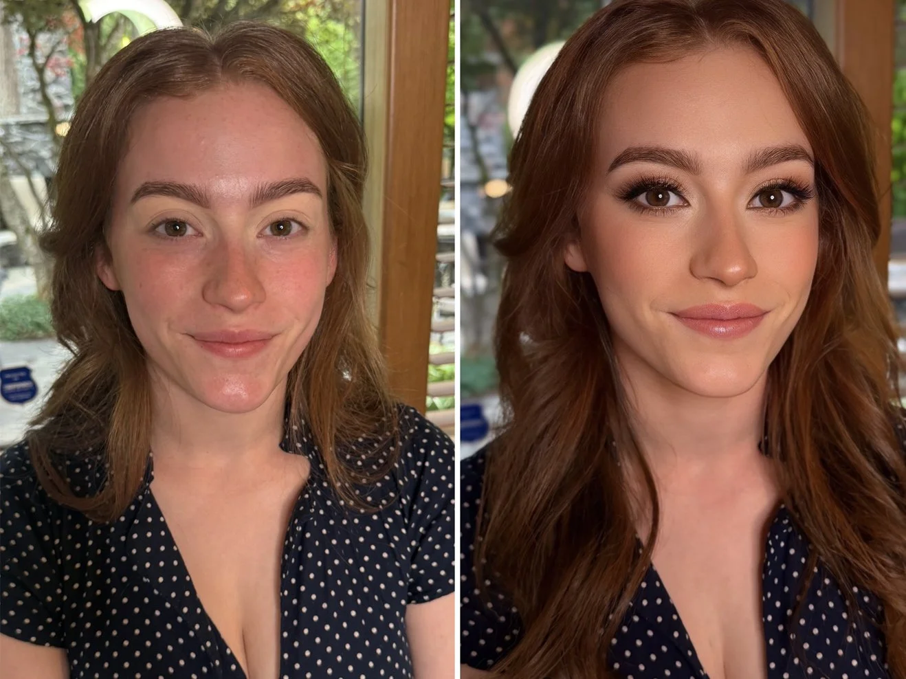 Before and after photos of a woman with long, wavy auburn hair, showing her makeup transformation. In the before photo, she has no makeup; in the after photo, she has a full face of makeup with styled hair.