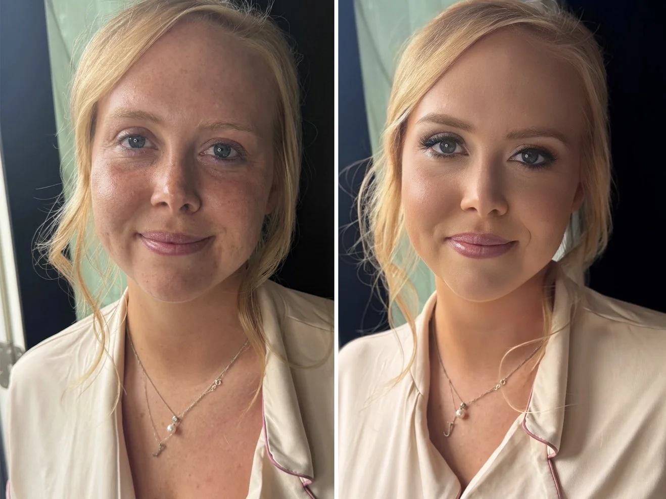Side-by-side comparison of a woman before (left) and after (right) makeup application, showing improved skin tone, eye makeup, and finished hairstyle.