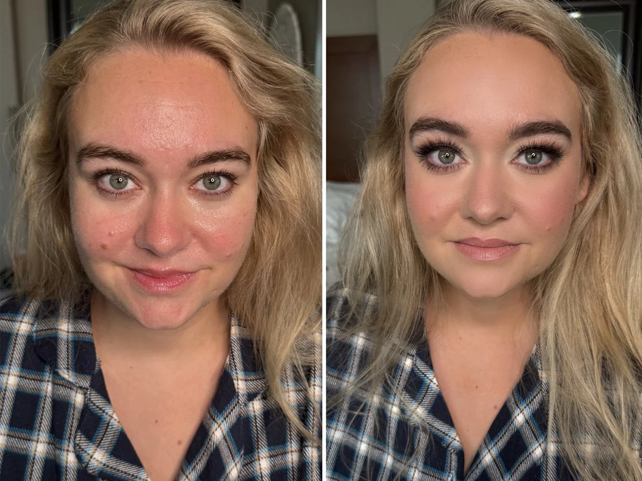 Comparison photo showing before and after makeup application. The left side depicts a woman with a natural look, showing skin blemishes and redness. The right side features the same woman with full makeup, including foundation, eye makeup, and lipsti