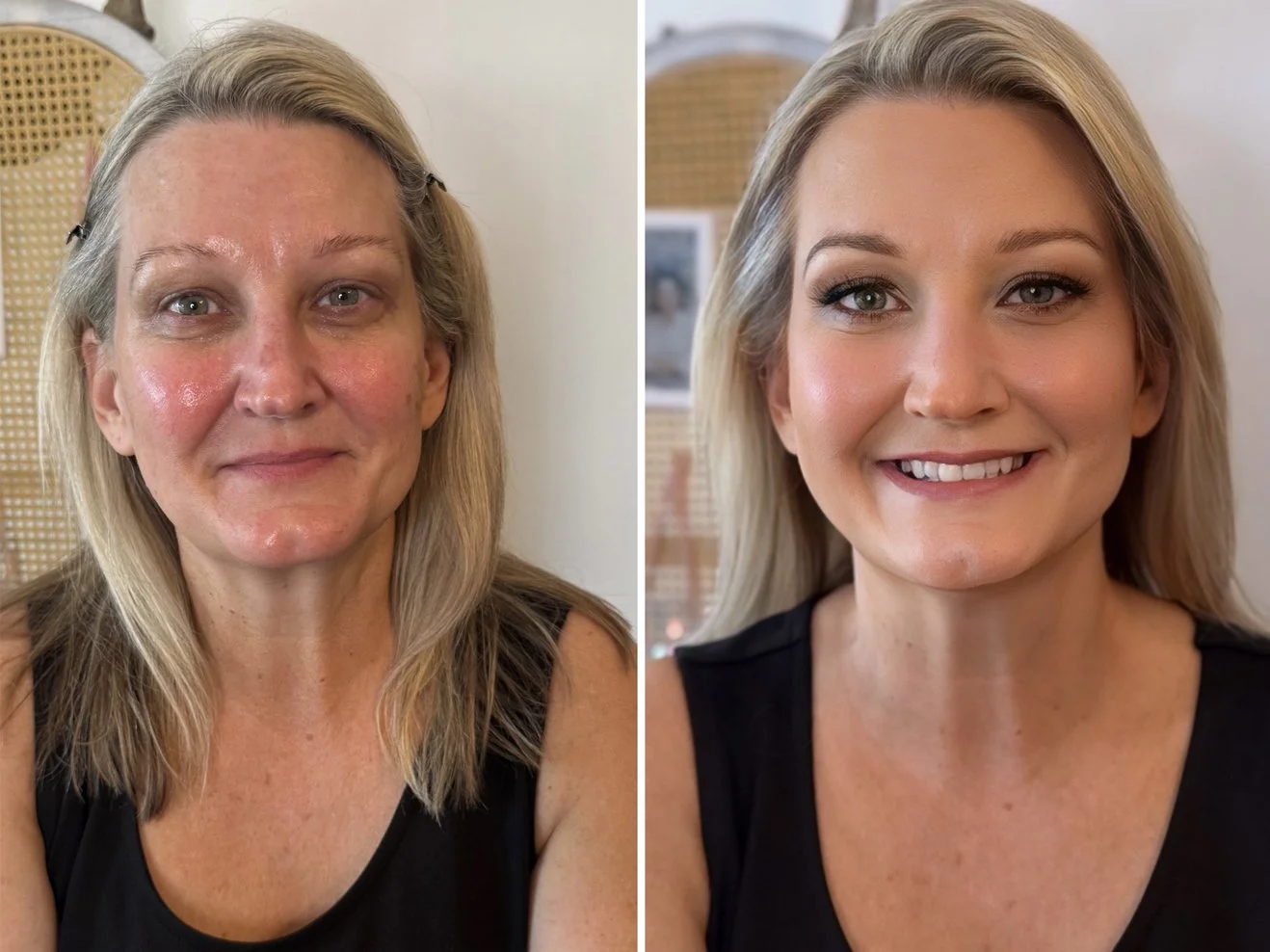 Side-by-side images of the same woman before and after makeup application, showing transformation from natural look to a polished, glamorous appearance.