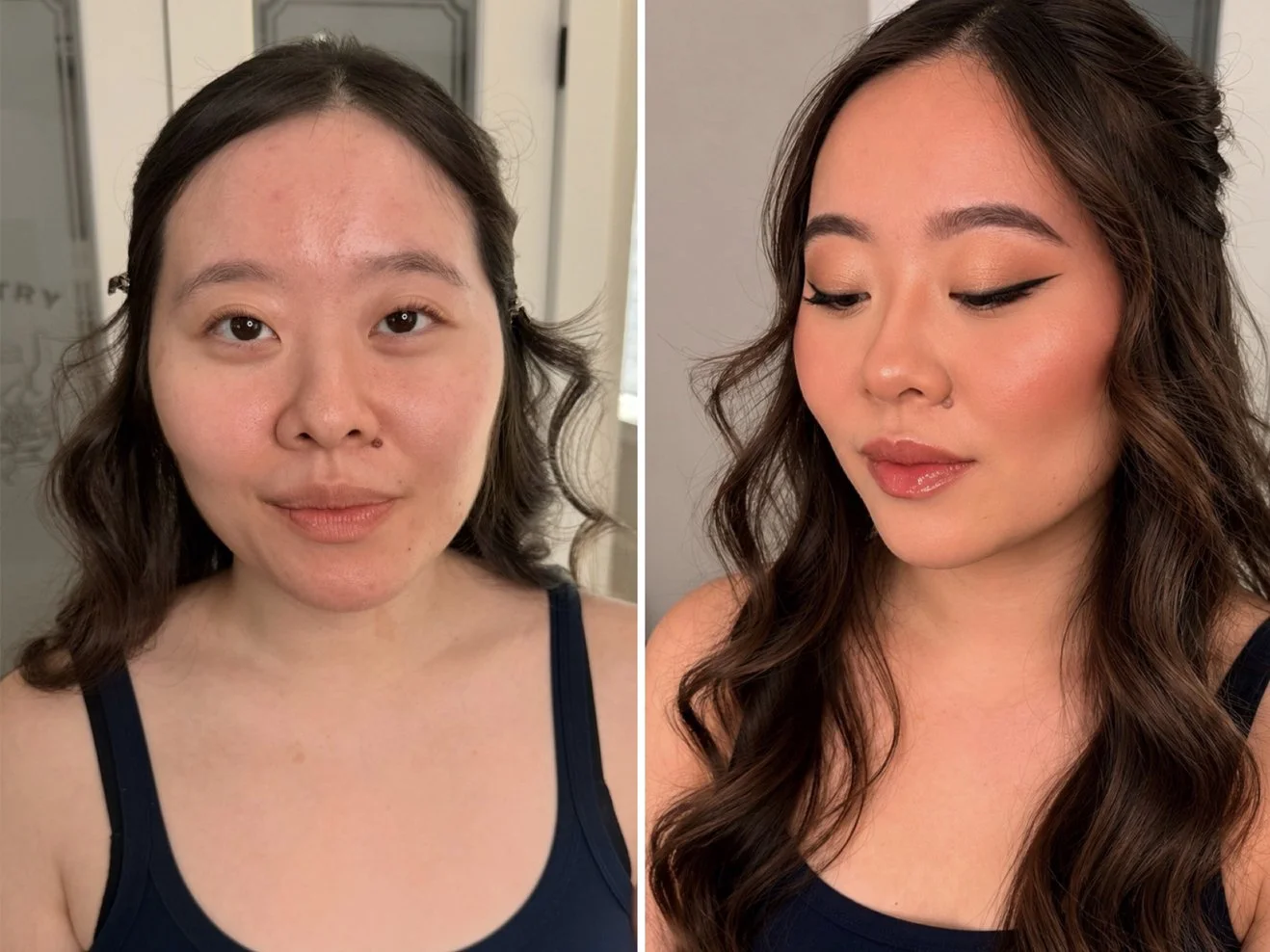 Side-by-side images of a woman before and after makeup application. In the before photo, she has no makeup, and in the after photo, she has styled hair, foundation, eye makeup with eyeliner, blush, and lipstick.