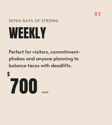 Advertisement with bold text promoting weekly fitness planning, priced at 700 MXN, on a beige background.