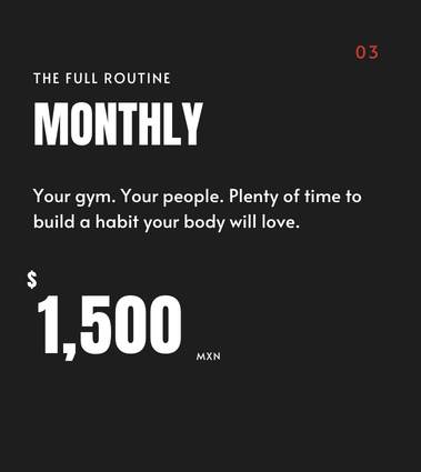 Text on dark background promoting monthly gym routine, costing 1,500 MXN, encouraging building a habit and emphasizing community.