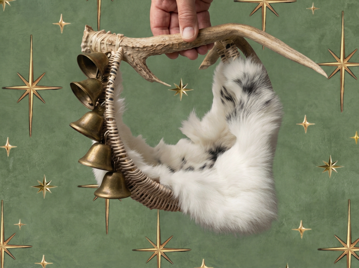 A rabbit pelt with black and white fur is lying inside a circular wicker basket decorated with bells. A person's hand is holding a antler handle, which makes up the structure of the basket. The background is green with gold star decorations.