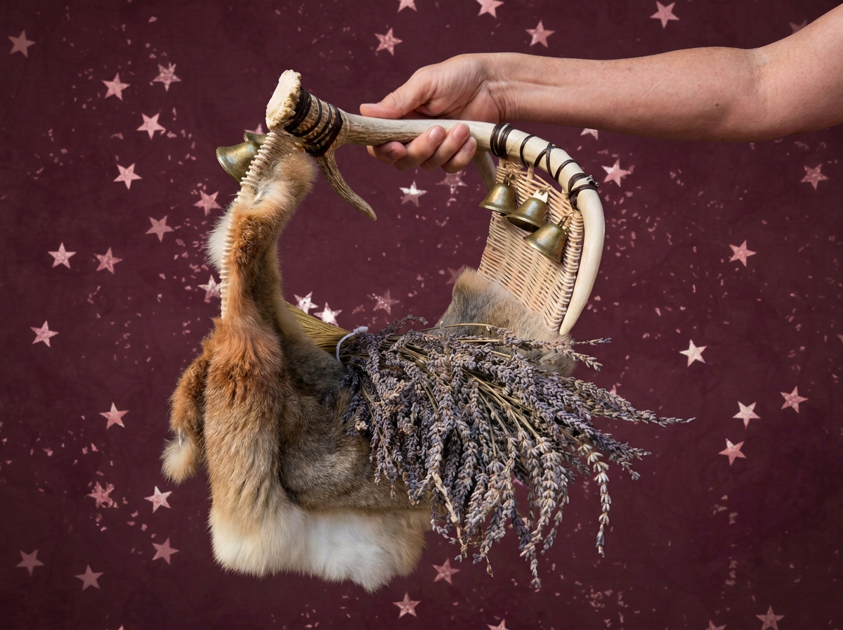 A hand holding a decorated deer antler with brown and white rabbit fur, lavender flowers, a woven basket, and small bells hanging from it, against a star-patterned background.
