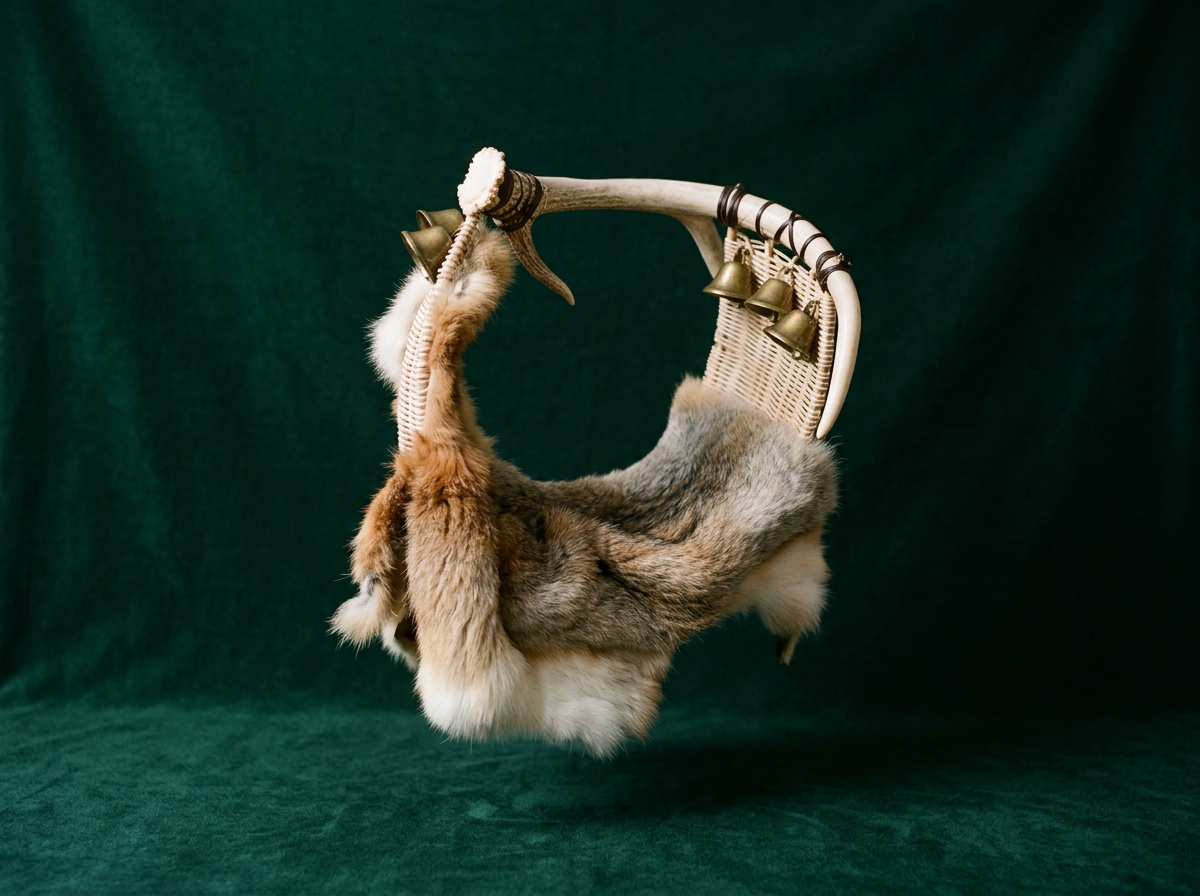 A wicker basket with fur and animal pelts draped over it, hanging against a dark green background.