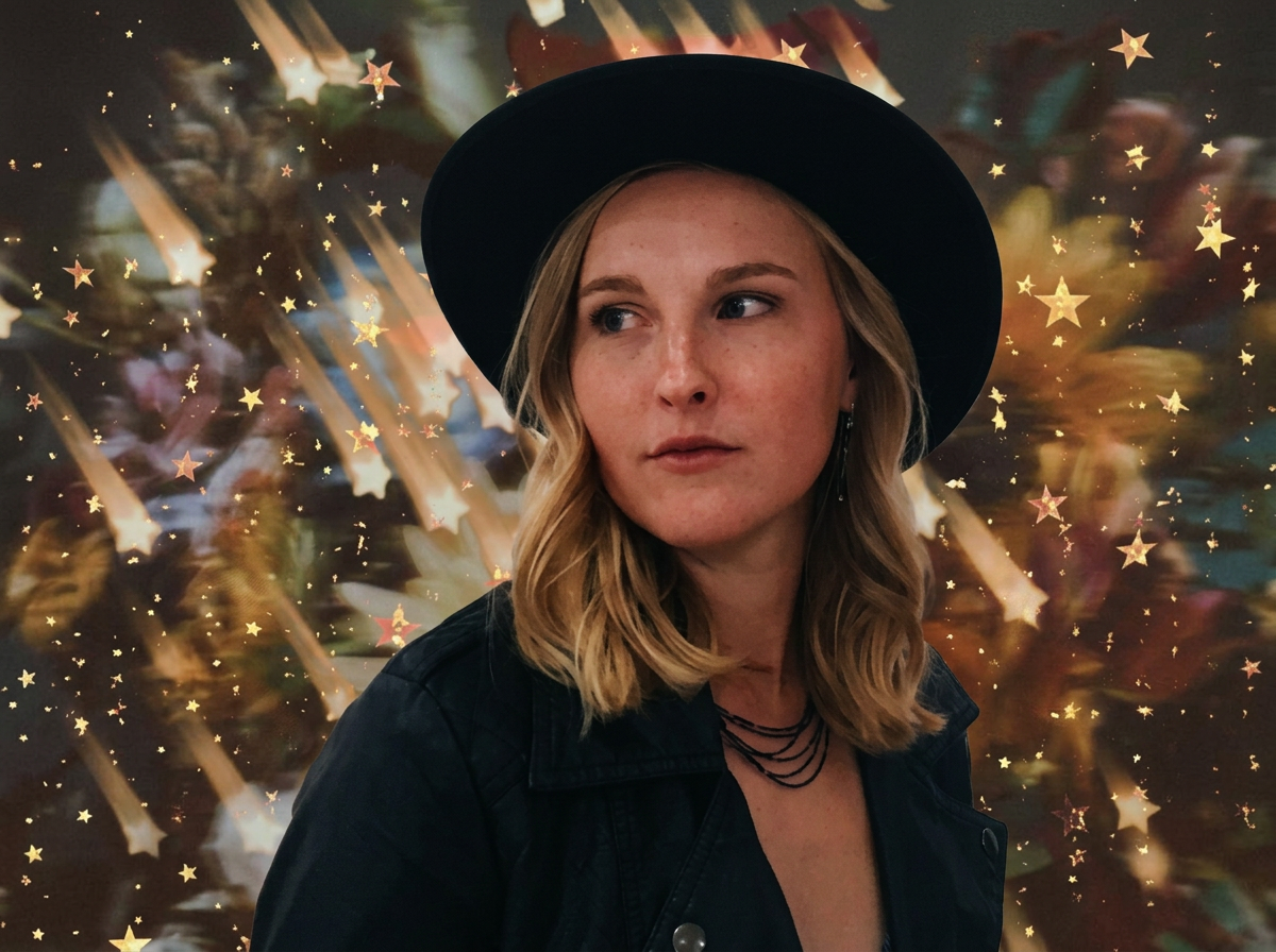 A young woman with blonde hair wearing a black hat and black jacket, looking to the side with a festive background of illuminated stars and blurred colorful holiday decorations.