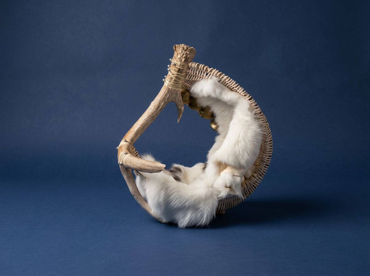 A wicker basket with a fur throw and antlers inside, against a dark blue background.