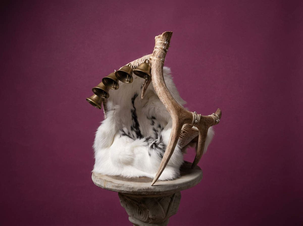Decorative composition featuring rabbit fur, antler, and a small stone pedestal with a row of brass bells hanging from the antler, set against a purple background.