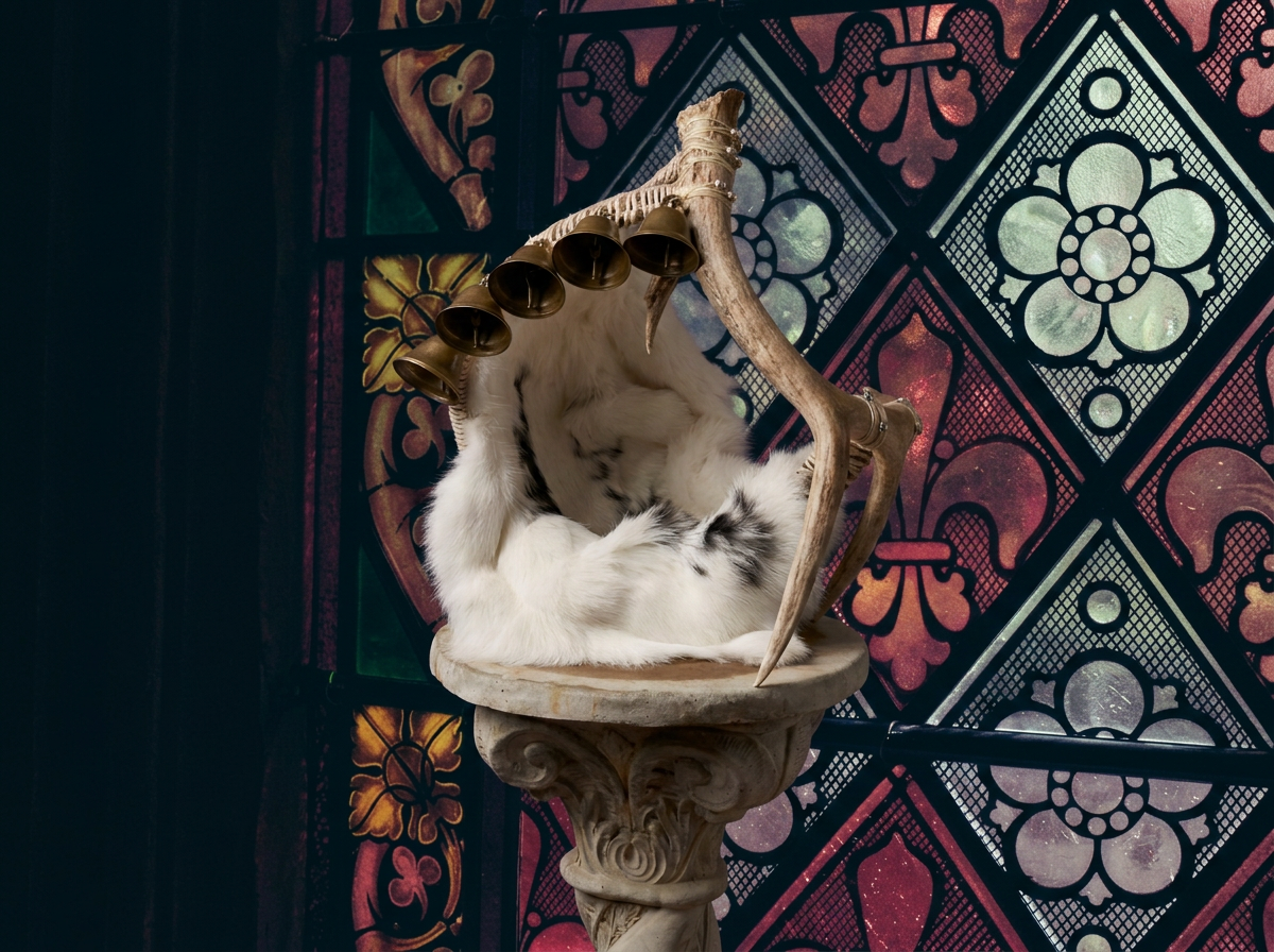 A rabbit fur laying inside a decorative antler basket, sitting on a stone pedestal, decorated with a set of bells, with a colorful stained glass window in the background.