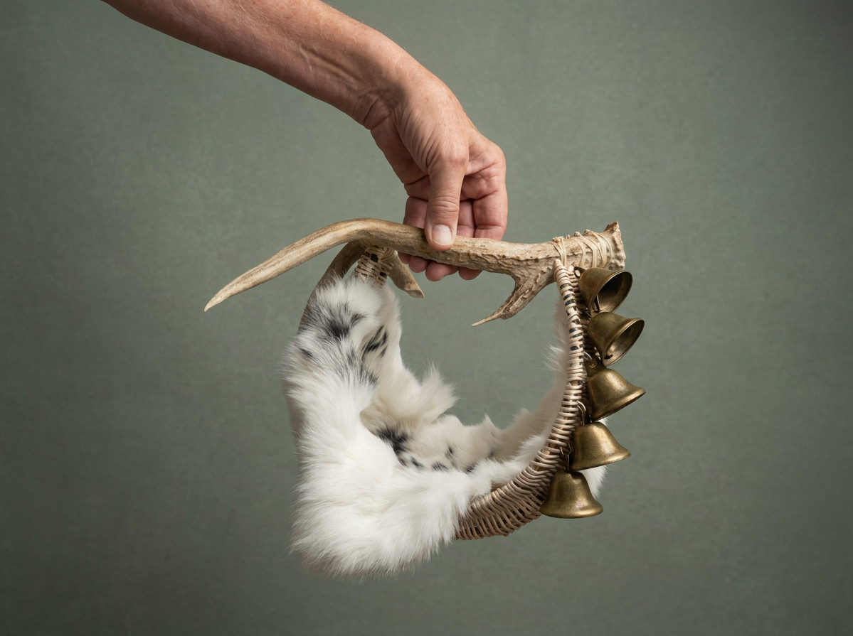 A person holding a deer antler with a rabbit fur hanging from it, decorated with small bronze bells.