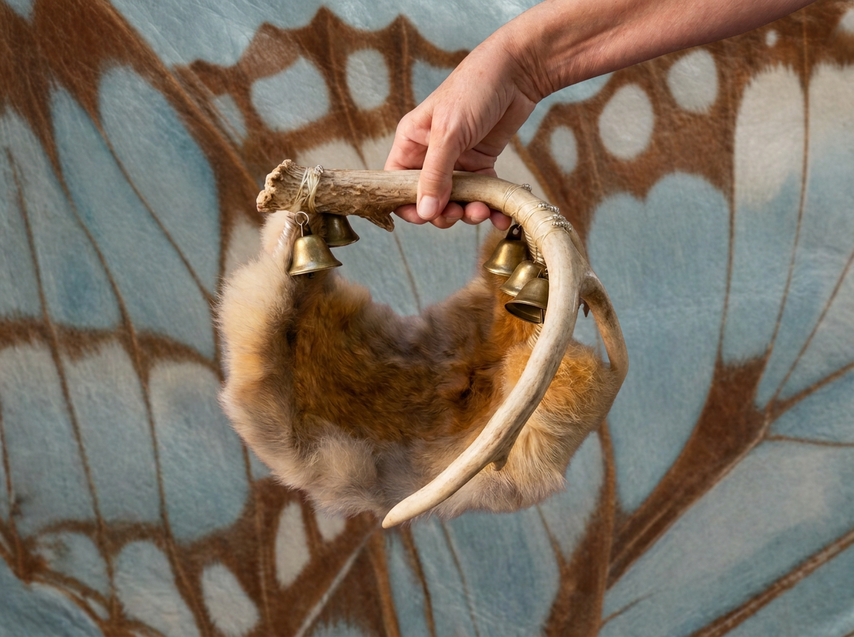 Person holding a antler basket with bells and fur attached, against a background with a brown and blue butterfly wing pattern.