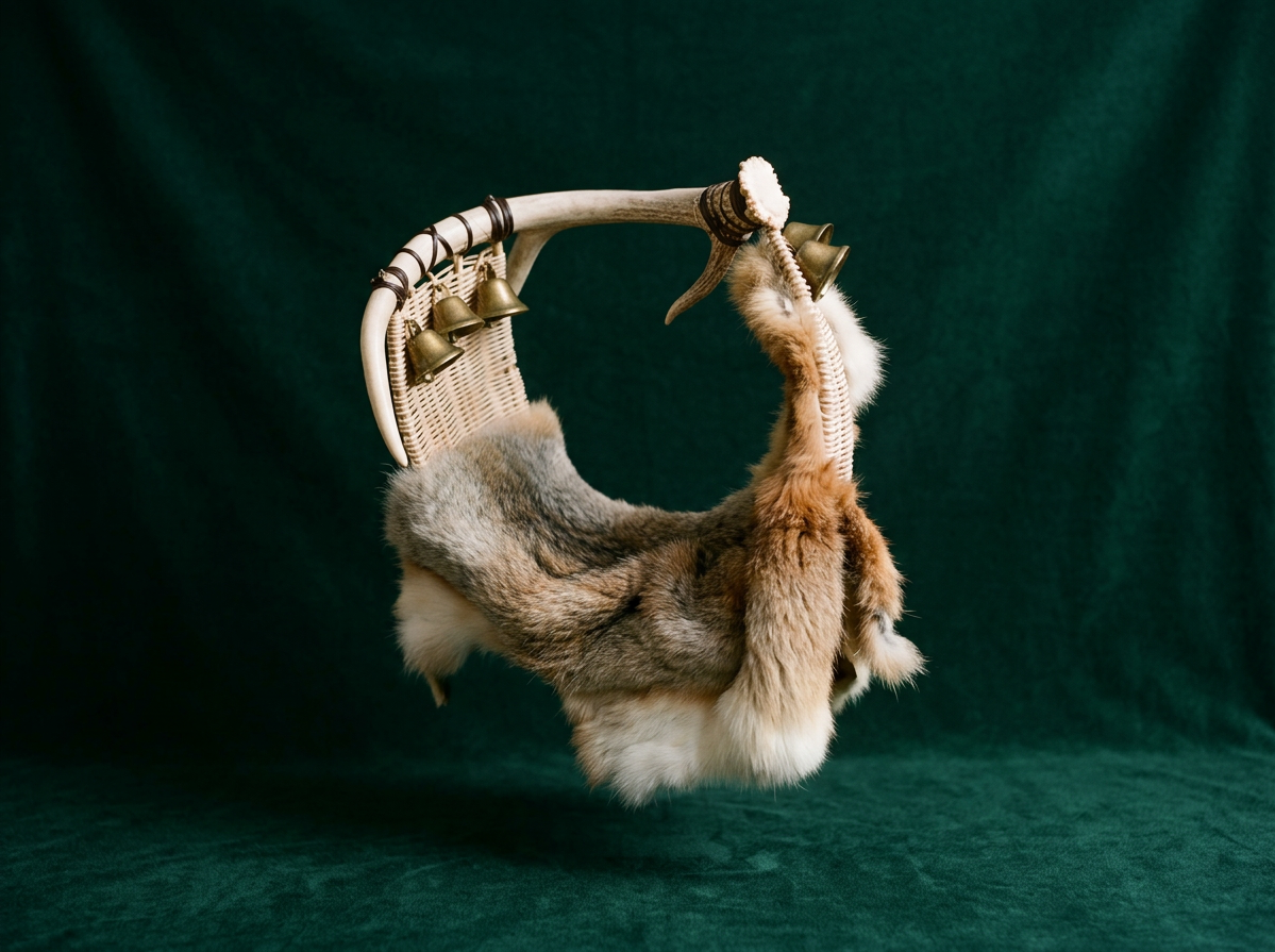 A wicker basket with fur and leather trims, hanging upside down, against a dark green background.
