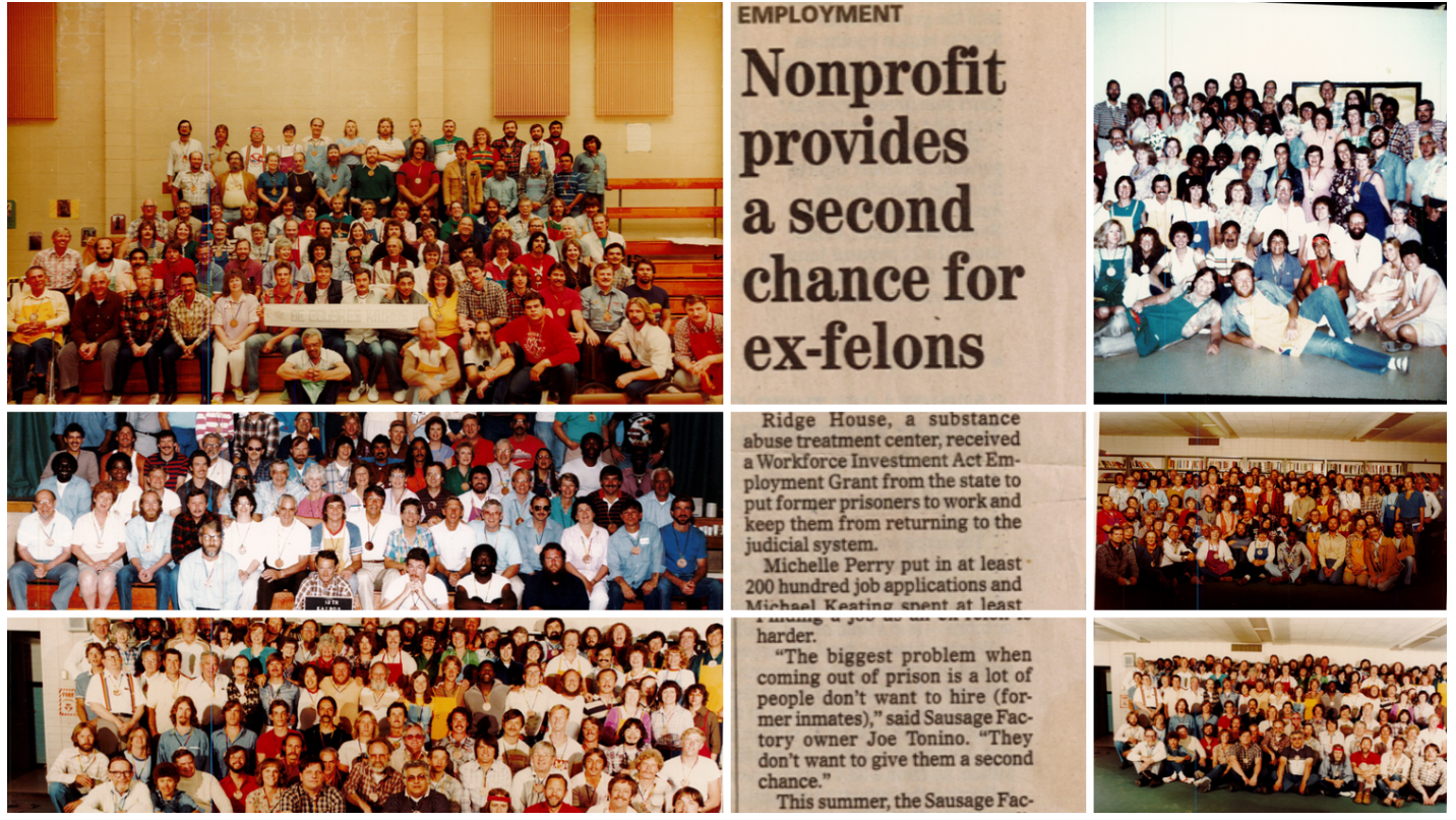 Collage of six group photos featuring numerous people, along with newspaper clippings about nonprofit employment programs and rehabilitation.