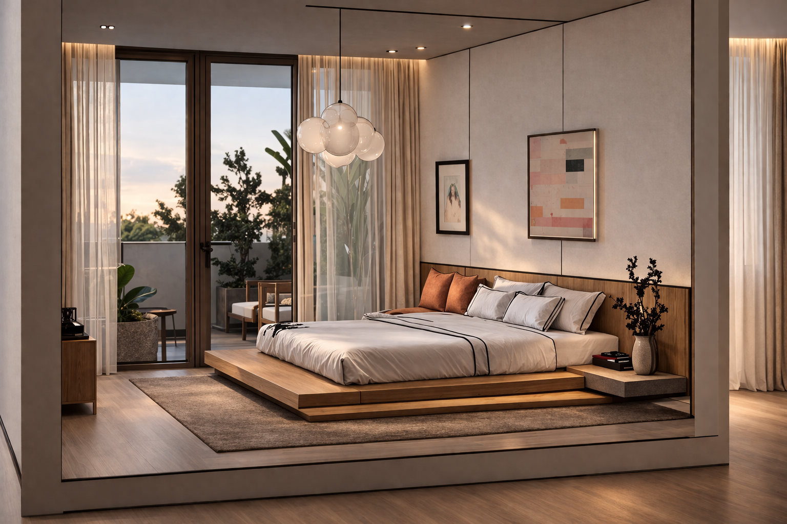 Modern bedroom with a low wooden bed, white bedding, brown and white pillows, a beige rug, and wall art. Large glass doors lead to a balcony with outdoor seating and greenery visible outside.