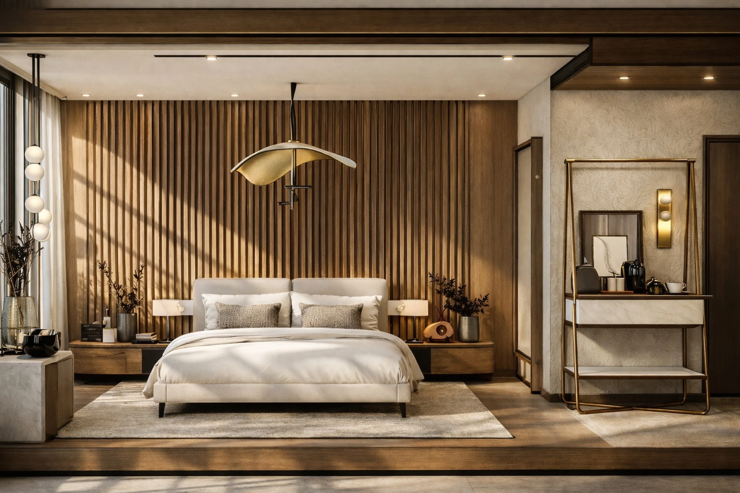 Modern bedroom with a wooden slat accent wall behind a white bed, bedside tables, and contemporary decor including a unique sculptural ceiling light and large window with curtains.