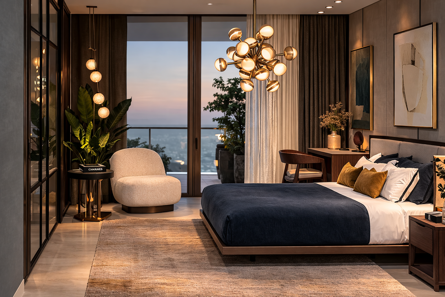 Modern bedroom with a large bed covered in dark bedding, decorative pillows, framed artwork on the wall, a desk with a chair, a white armchair near a glass door, a tall potted plant, and a chandelier with multiple bulbs, overlooking a balcony and sce