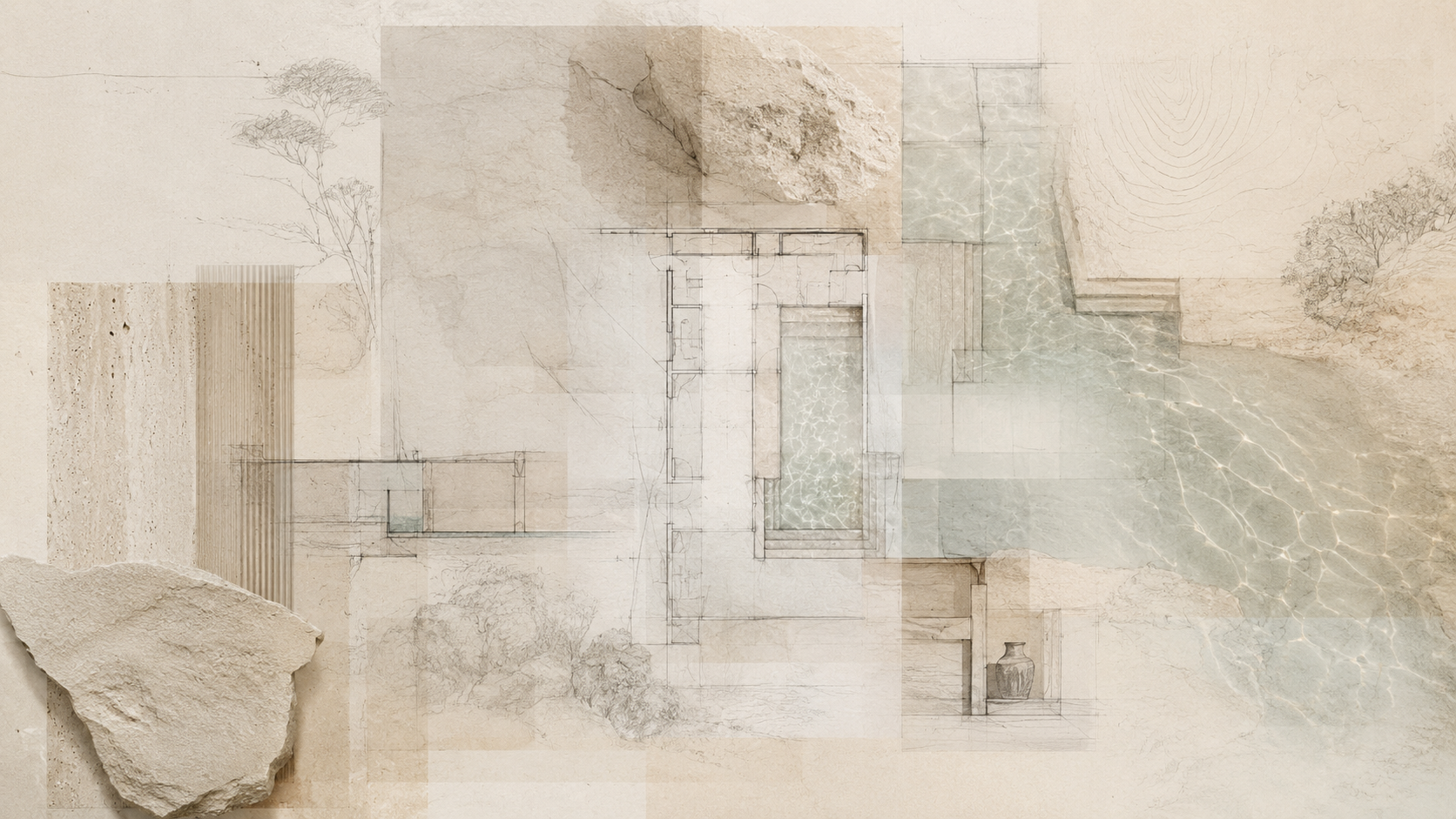 Architectural sketch of a house with trees and rocks, overlayed with a swimming pool and water features in a desert or natural setting.