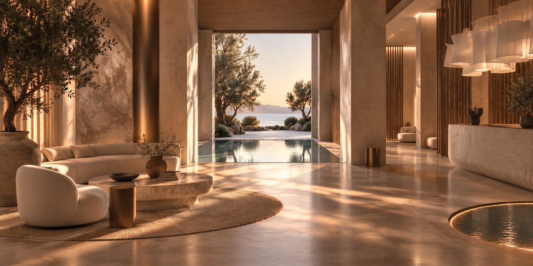 Luxurious indoor living space with modern decor, a pool extending outside, and a scenic view of trees, rocks, and water at sunset.