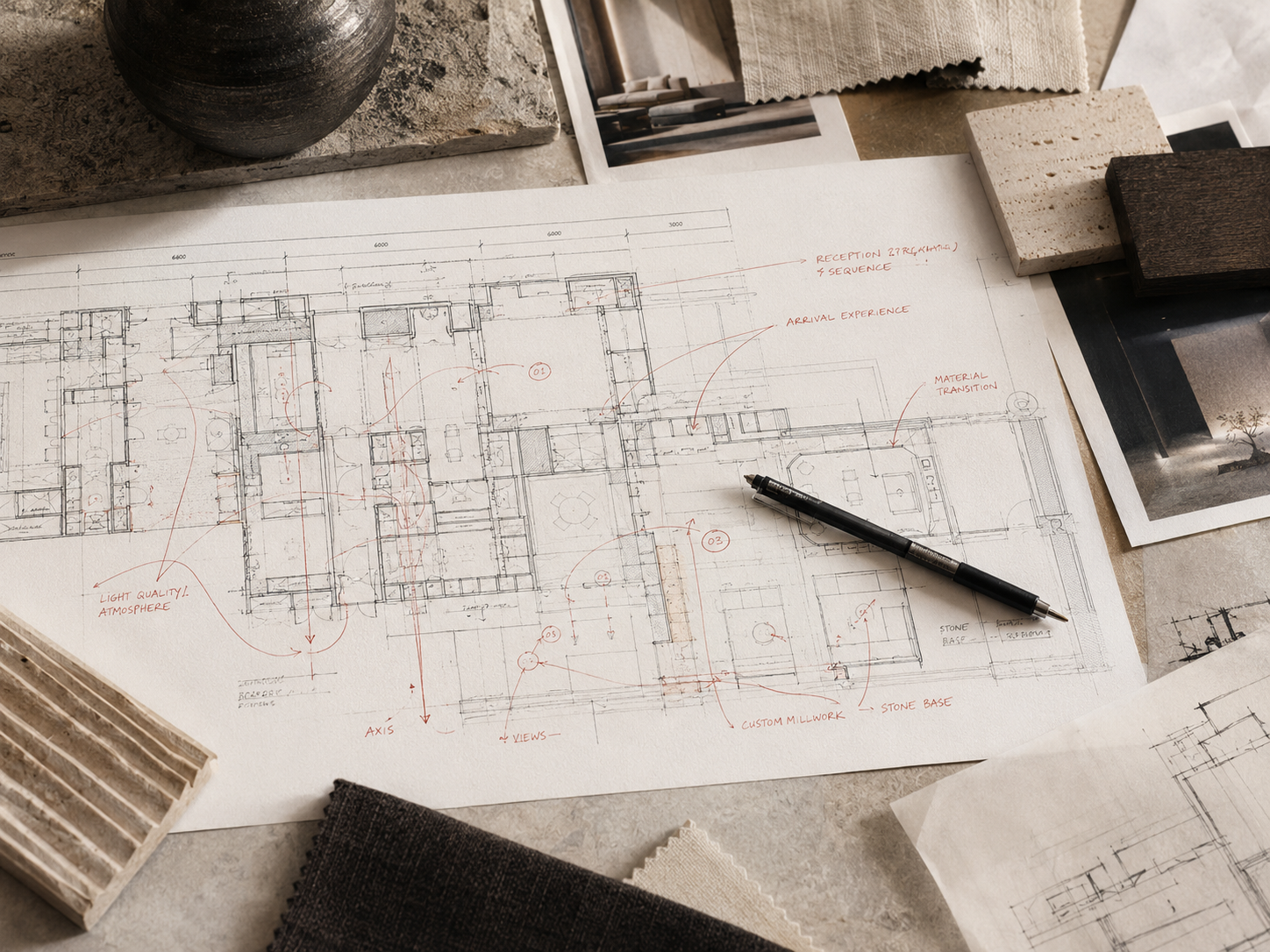 Architectural blueprints and interior design samples on a worktable, including sketches, fabric samples, and a pen.