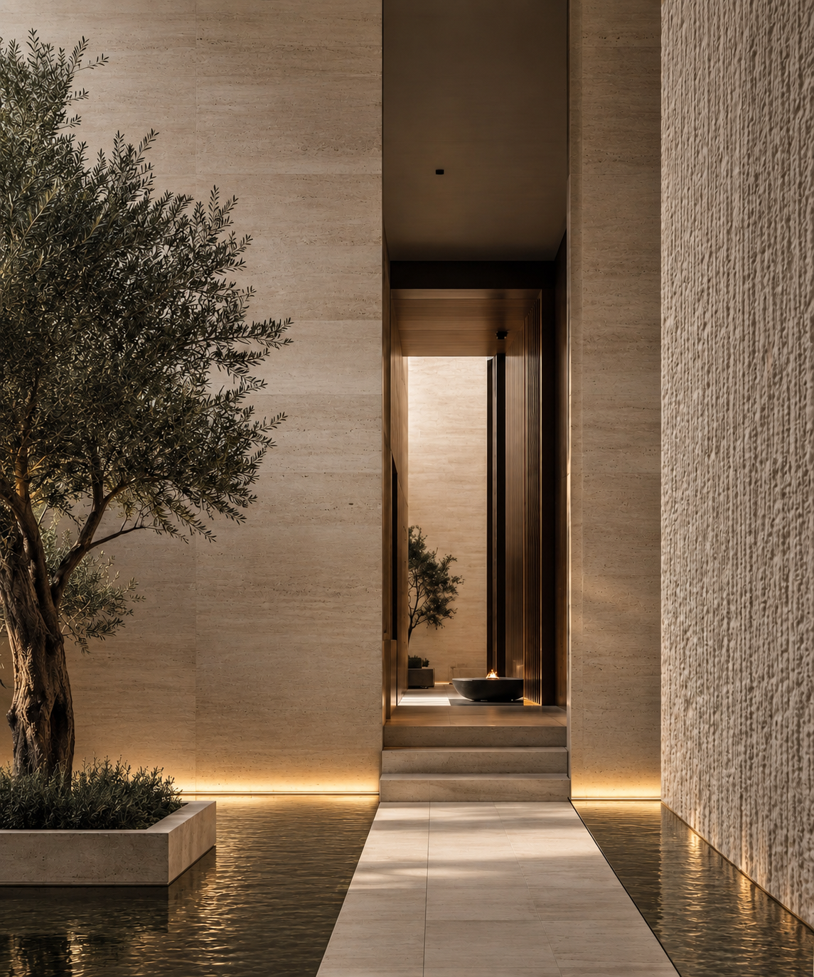 Modern courtyard entrance with beige stone walls, a water feature on the ground, a tree in a planter, and a narrow passage with warm lighting leading to an interior space.