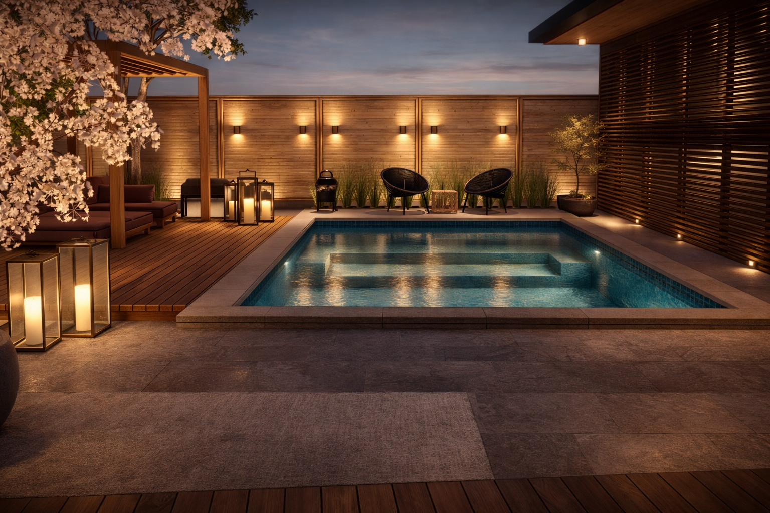 A cozy outdoor patio at dusk featuring a small swimming pool, surrounded by wooden patio flooring, lounge chairs, potted plants, and soft lighting fixtures.