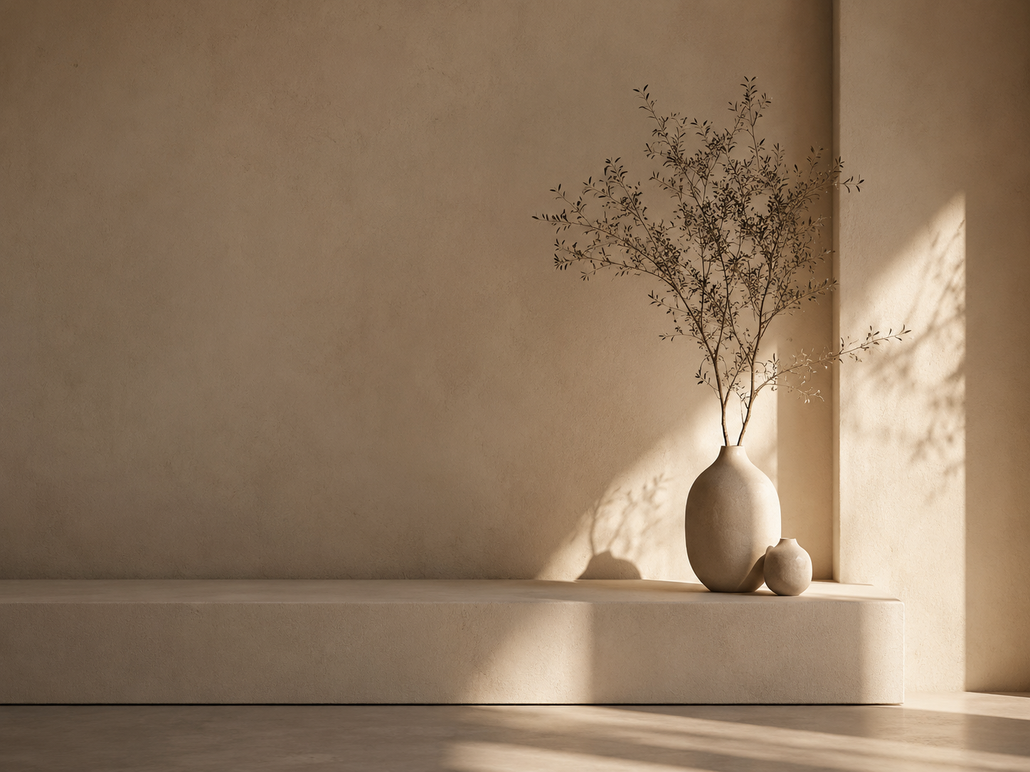 Minimalist beige wall with a ledge holding two ceramic vases, one large and one small, with a tall, leafy, dried branch in the larger vase, illuminated by soft sunlight casting shadows.