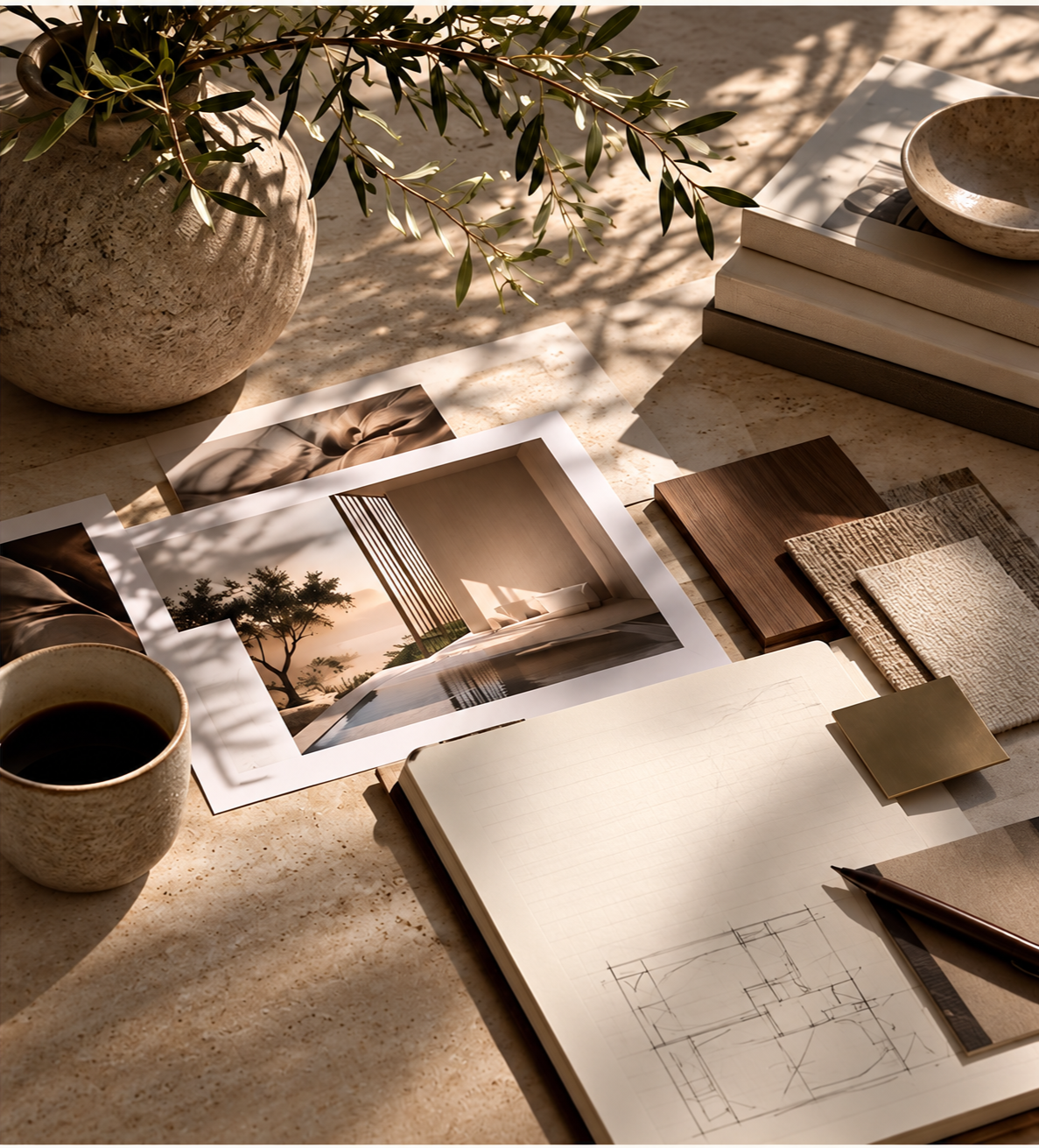 A workspace with architectural plans, fabric samples, a notebook with sketches, photo prints of interior spaces, a cup of coffee, and a decorative vase with green foliage, all bathed in warm sunlight.