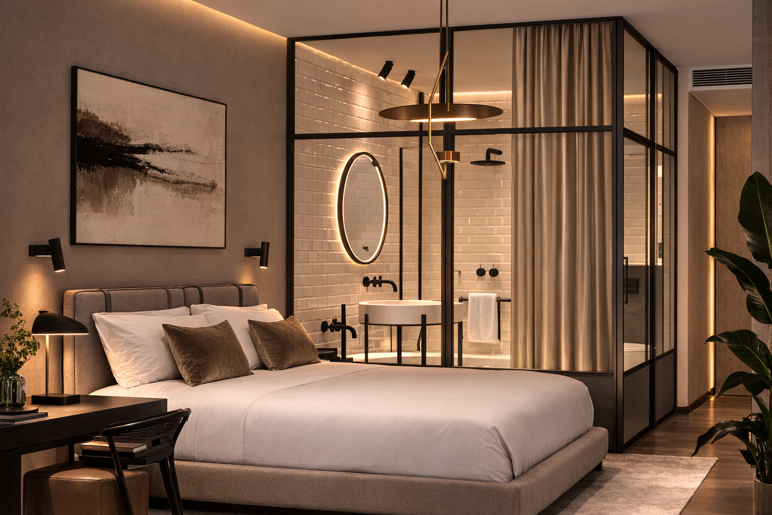 Modern bedroom with a large bed, multiple pillows, bedside lamps, and a glass partitioned bathroom with white subway tiles and a round mirror.