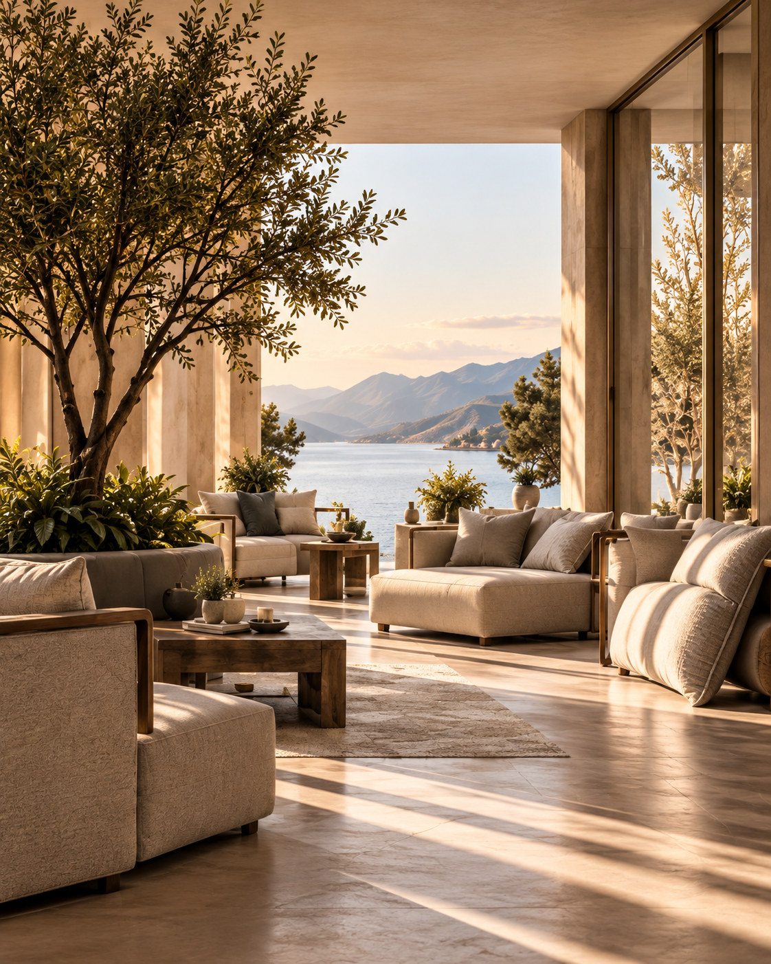 Living room with large windows showing a lake and mountains view, decorated with sofas, armchairs, and potted plants.